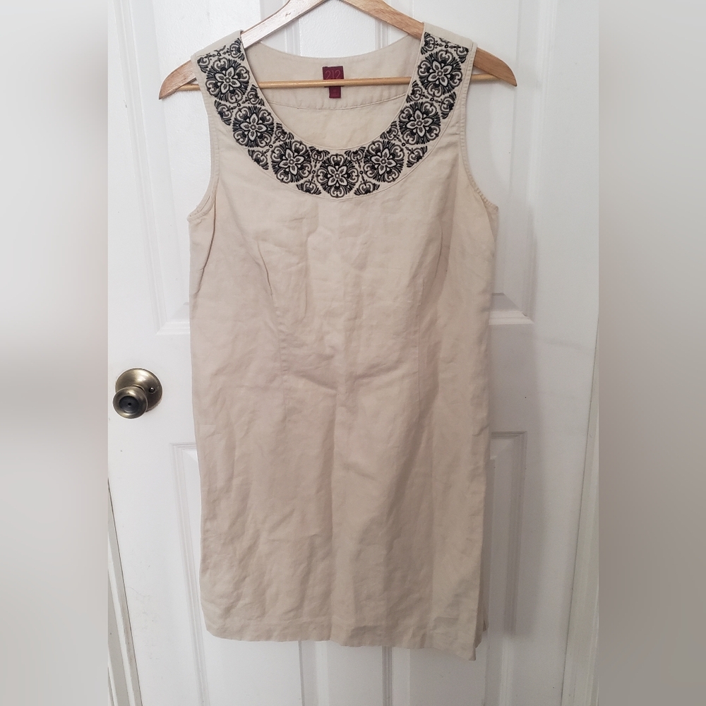 212 Cream Linen Blend Sleeveless Midi Dress 12 Black Embroidery Beachy Vacation